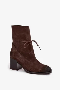 Damskie Zazoo Skórzane Zamszowe Botki Damskie Na Słupku 1151 Czekoladowe