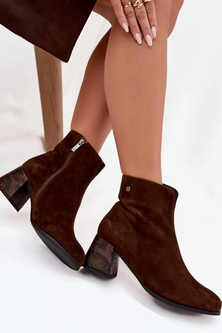Hot Maciejka Skórzane Zamszowe Botki Damskie Na Słupku K7202-02 Czekoladowe Brązowy