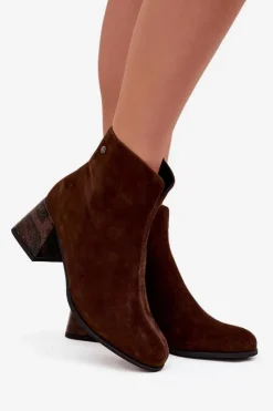 Hot Maciejka Skórzane Zamszowe Botki Damskie Na Słupku K7202-02 Czekoladowe Brązowy