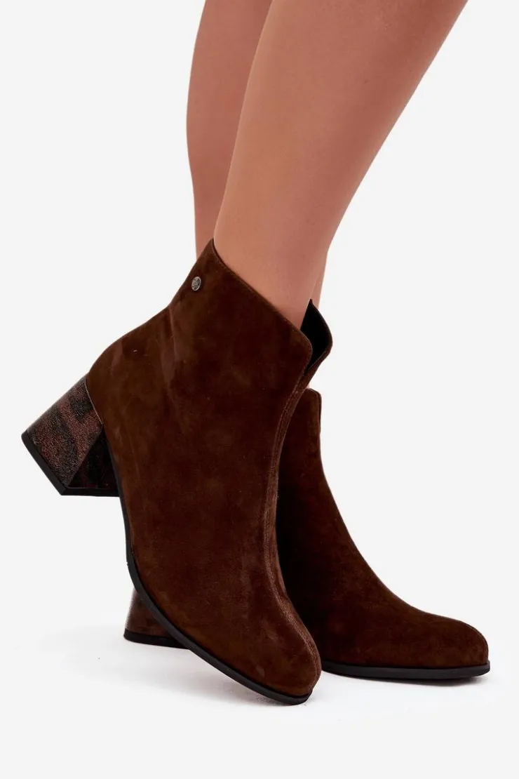 Hot Maciejka Skórzane Zamszowe Botki Damskie Na Słupku K7202-02 Czekoladowe Brązowy