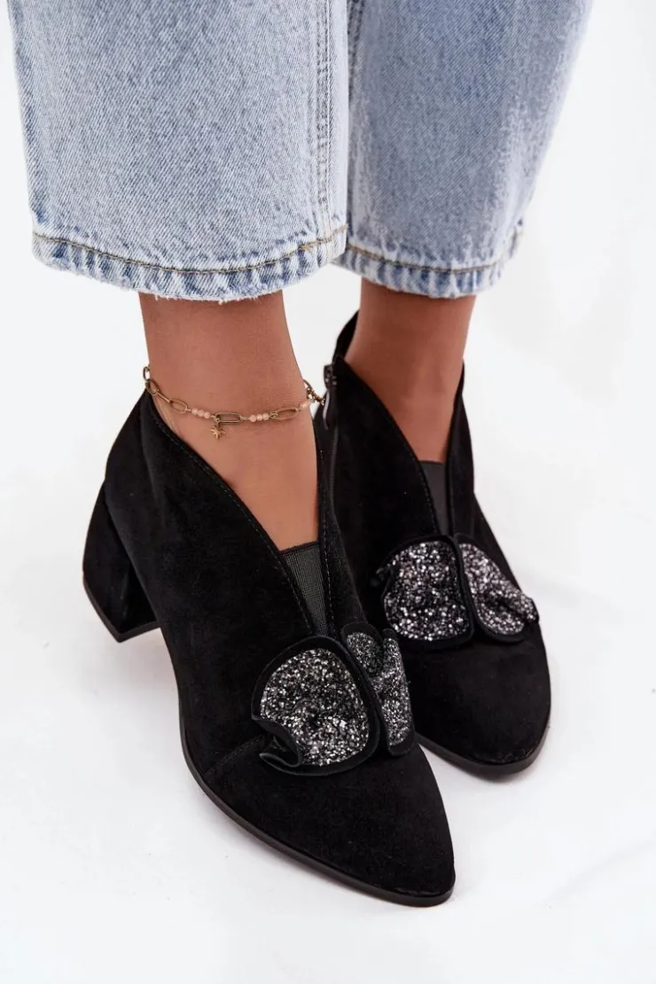 Damskie D&A Skórzane Zamszowe Botki Damskie Na Obcasie Z Ozdobą MR52-182 Czarne