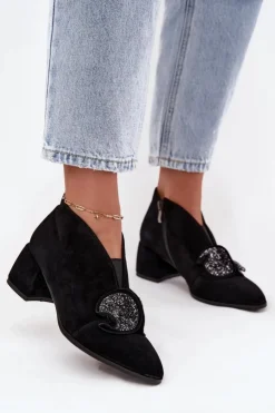 Damskie D&A Skórzane Zamszowe Botki Damskie Na Obcasie Z Ozdobą MR52-182 Czarne
