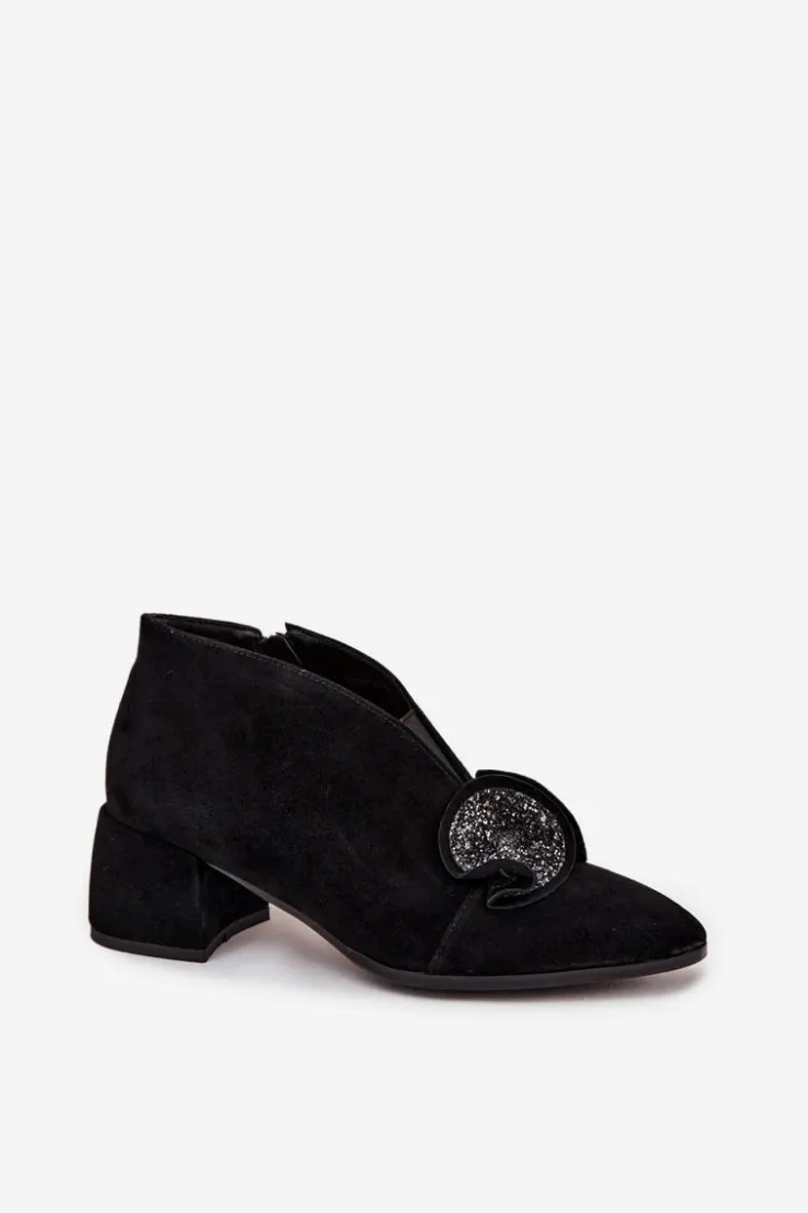 Damskie D&A Skórzane Zamszowe Botki Damskie Na Obcasie Z Ozdobą MR52-182 Czarne