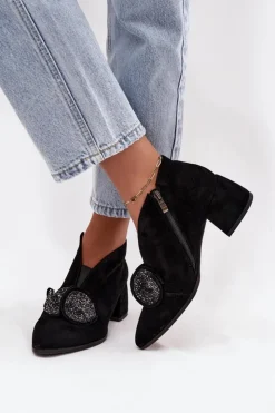 Damskie D&A Skórzane Zamszowe Botki Damskie Na Obcasie Z Ozdobą MR52-182 Czarne