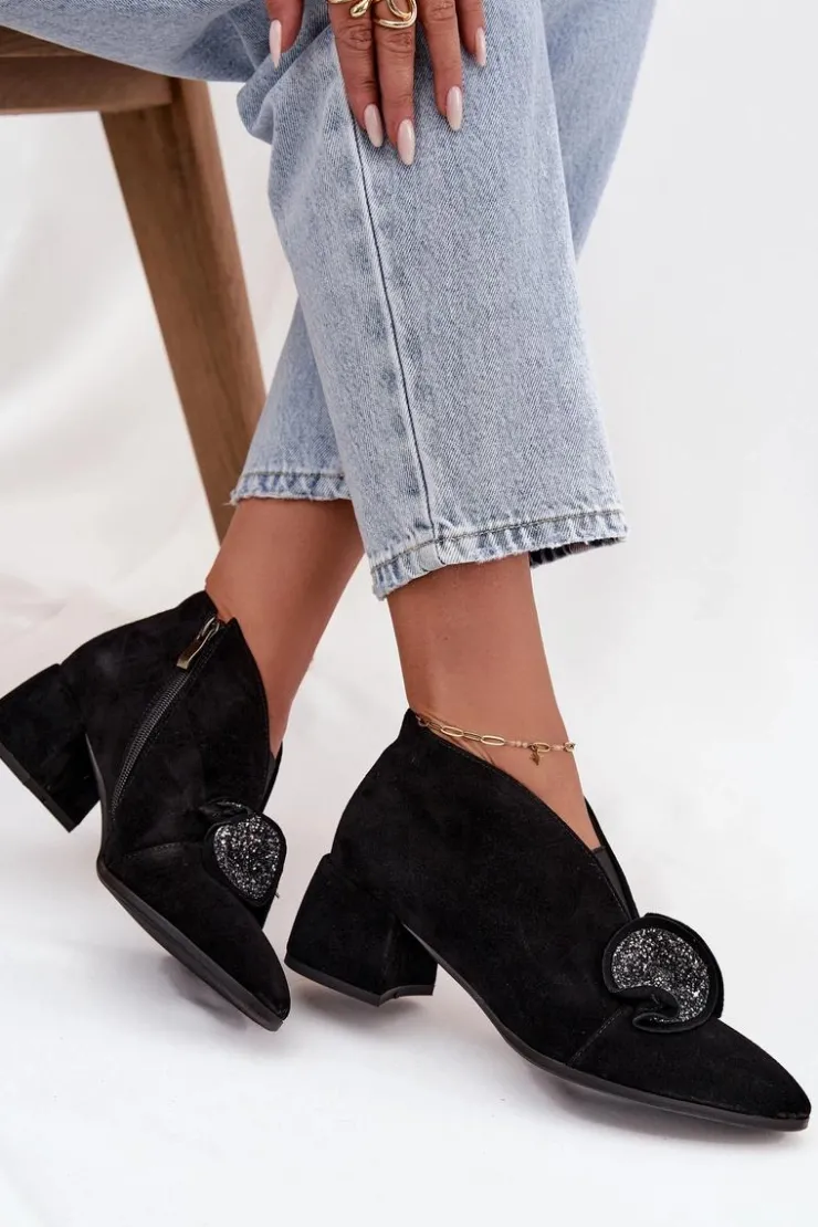 Damskie D&A Skórzane Zamszowe Botki Damskie Na Obcasie Z Ozdobą MR52-182 Czarne