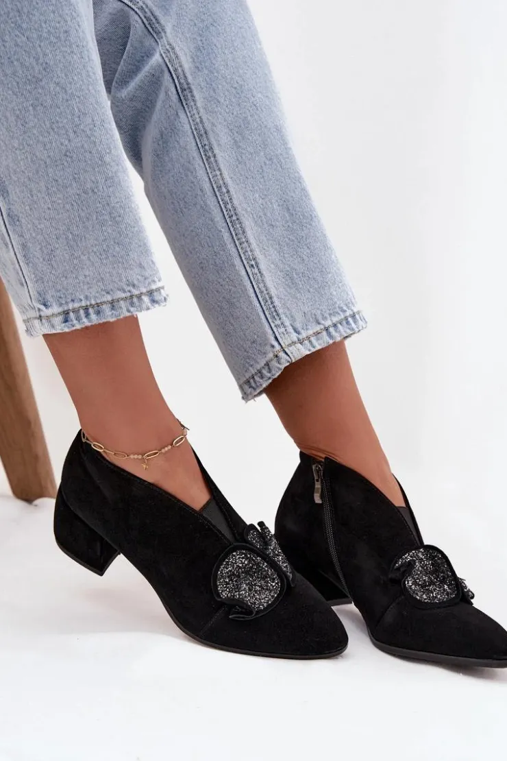 Damskie D&A Skórzane Zamszowe Botki Damskie Na Obcasie Z Ozdobą MR52-182 Czarne