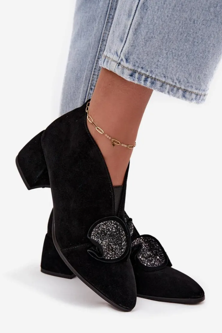Damskie D&A Skórzane Zamszowe Botki Damskie Na Obcasie Z Ozdobą MR52-182 Czarne