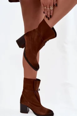 Best Zazoo Skórzane Zamszowe Botki Damskie Na Słupku 1151 Brązowe Brązowy