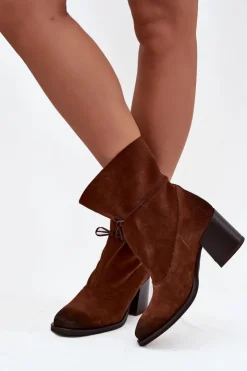 Best Zazoo Skórzane Zamszowe Botki Damskie Na Słupku 1151 Brązowe Brązowy