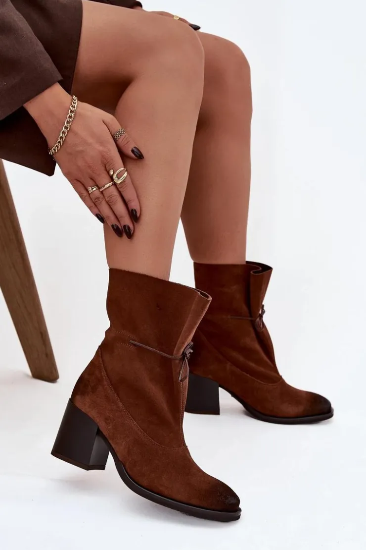 Best Zazoo Skórzane Zamszowe Botki Damskie Na Słupku 1151 Brązowe Brązowy
