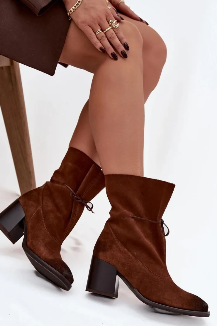 Best Zazoo Skórzane Zamszowe Botki Damskie Na Słupku 1151 Brązowe Brązowy