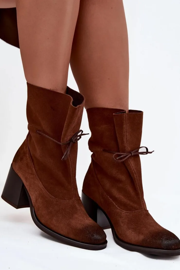 Best Zazoo Skórzane Zamszowe Botki Damskie Na Słupku 1151 Brązowe Brązowy
