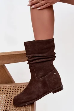 Damskie Maciejka Skórzane Zamszowe Botki Damskie Z Marszczeniem Ocieplane K7211-02 Czekoladowe