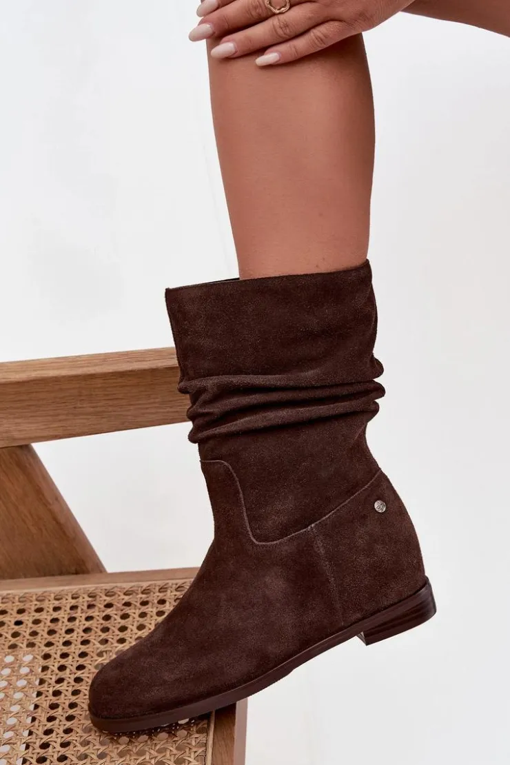 Damskie Maciejka Skórzane Zamszowe Botki Damskie Z Marszczeniem Ocieplane K7211-02 Czekoladowe