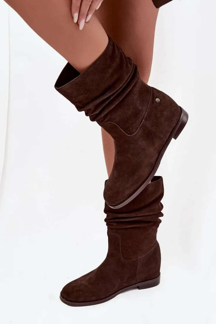 Damskie Maciejka Skórzane Zamszowe Botki Damskie Z Marszczeniem Ocieplane K7211-02 Czekoladowe