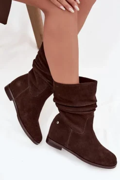 Damskie Maciejka Skórzane Zamszowe Botki Damskie Z Marszczeniem Ocieplane K7211-02 Czekoladowe