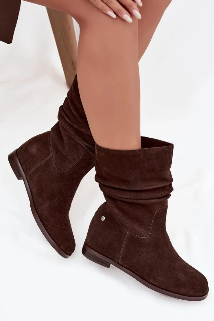 Damskie Maciejka Skórzane Zamszowe Botki Damskie Z Marszczeniem Ocieplane K7211-02 Czekoladowe