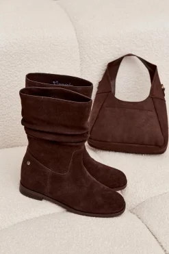 Damskie Maciejka Skórzane Zamszowe Botki Damskie Z Marszczeniem Ocieplane K7211-02 Czekoladowe