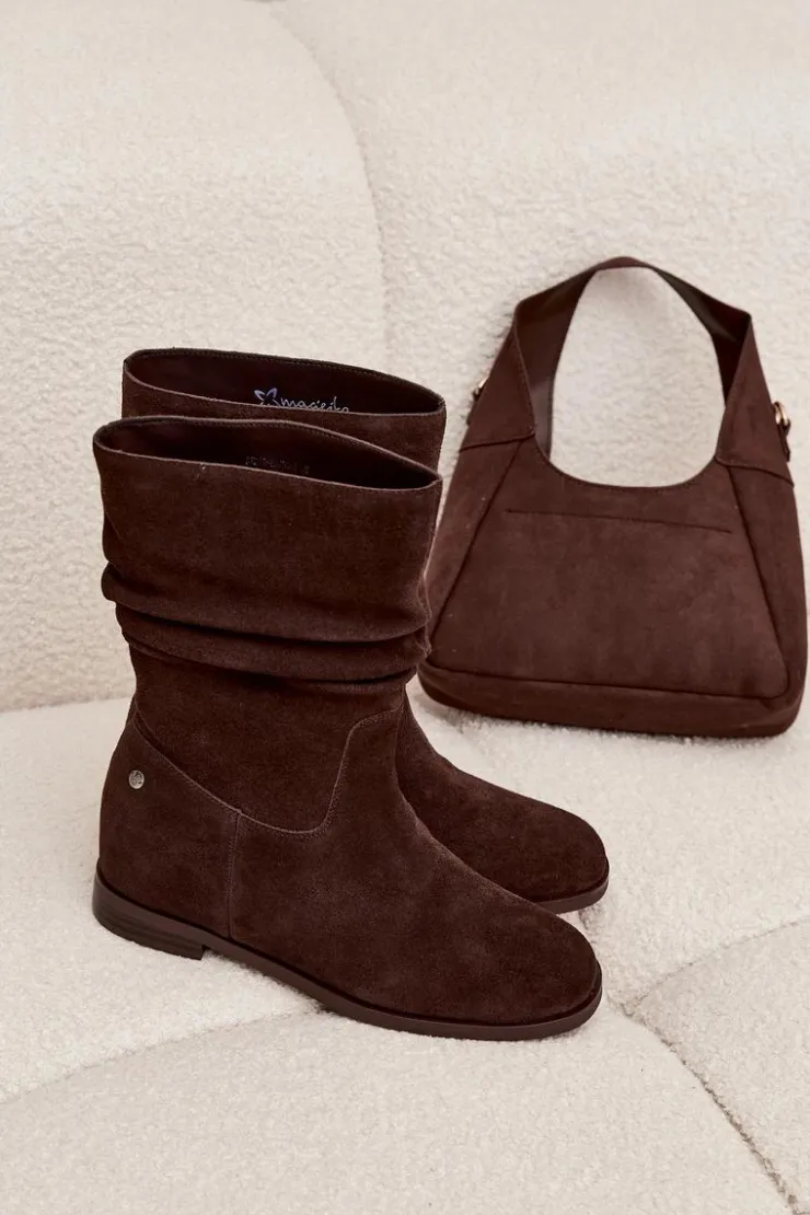 Damskie Maciejka Skórzane Zamszowe Botki Damskie Z Marszczeniem Ocieplane K7211-02 Czekoladowe