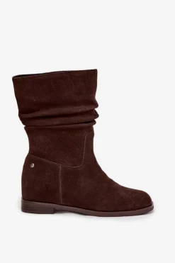 Damskie Maciejka Skórzane Zamszowe Botki Damskie Z Marszczeniem Ocieplane K7211-02 Czekoladowe