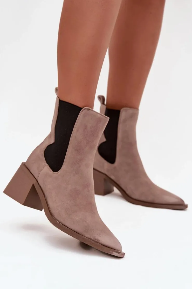 Damskie Artiker Skórzane Zamszowe Botki Damskie Na Słupku Ocieplane 57C0045 Beżowe