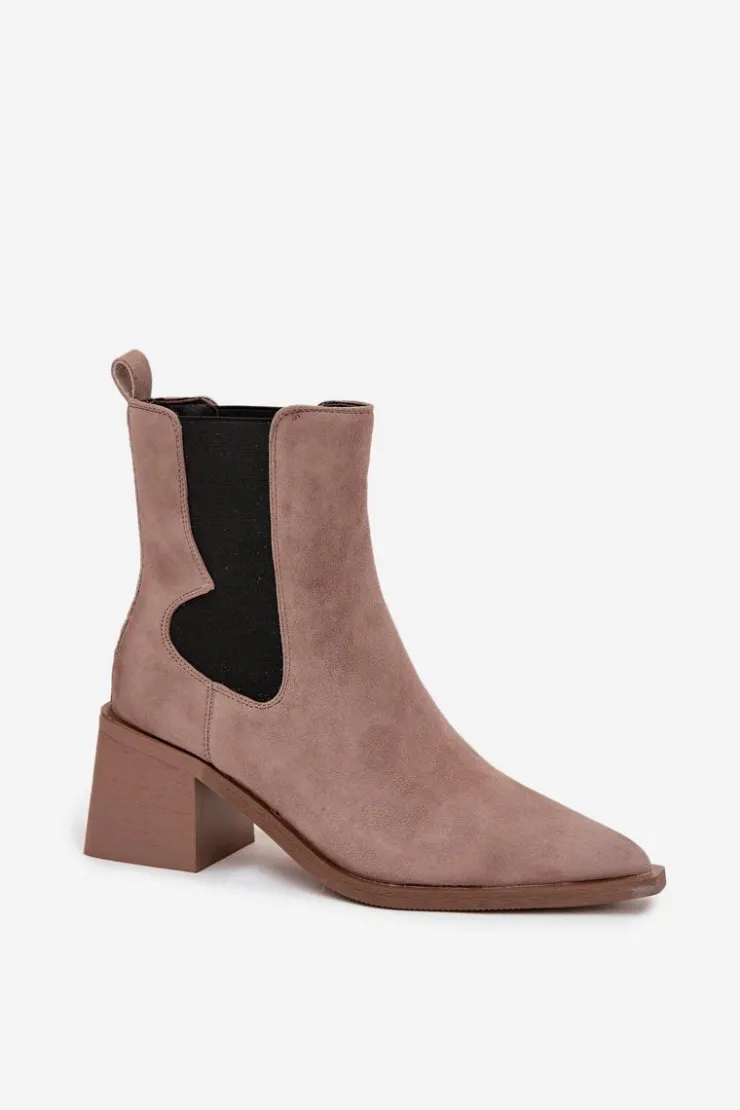 Damskie Artiker Skórzane Zamszowe Botki Damskie Na Słupku Ocieplane 57C0045 Beżowe