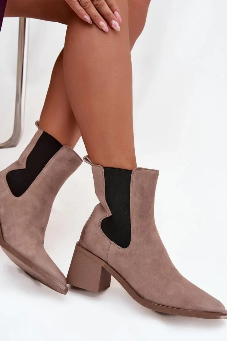 Damskie Artiker Skórzane Zamszowe Botki Damskie Na Słupku Ocieplane 57C0045 Beżowe