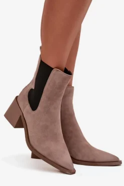 Damskie Artiker Skórzane Zamszowe Botki Damskie Na Słupku Ocieplane 57C0045 Beżowe