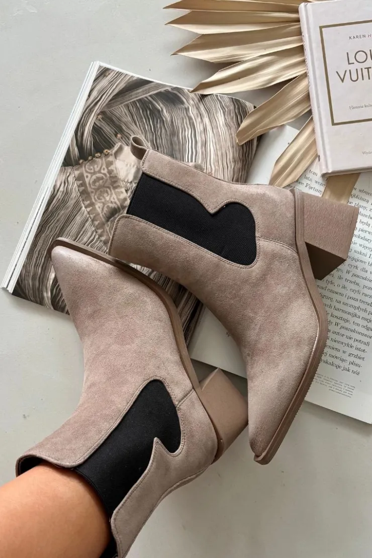 Damskie Artiker Skórzane Zamszowe Botki Damskie Na Słupku Ocieplane 57C0045 Beżowe