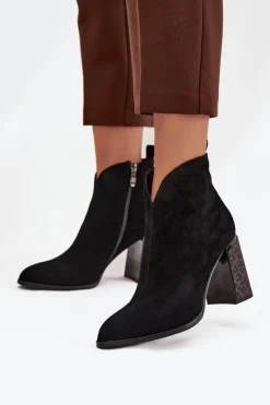 Boto Botki Ocieplane|Botki Na Słupku*Skórzane Zamszowe Botki Damskie Na Słupku Ocieplane Czarne Zivella Czarny