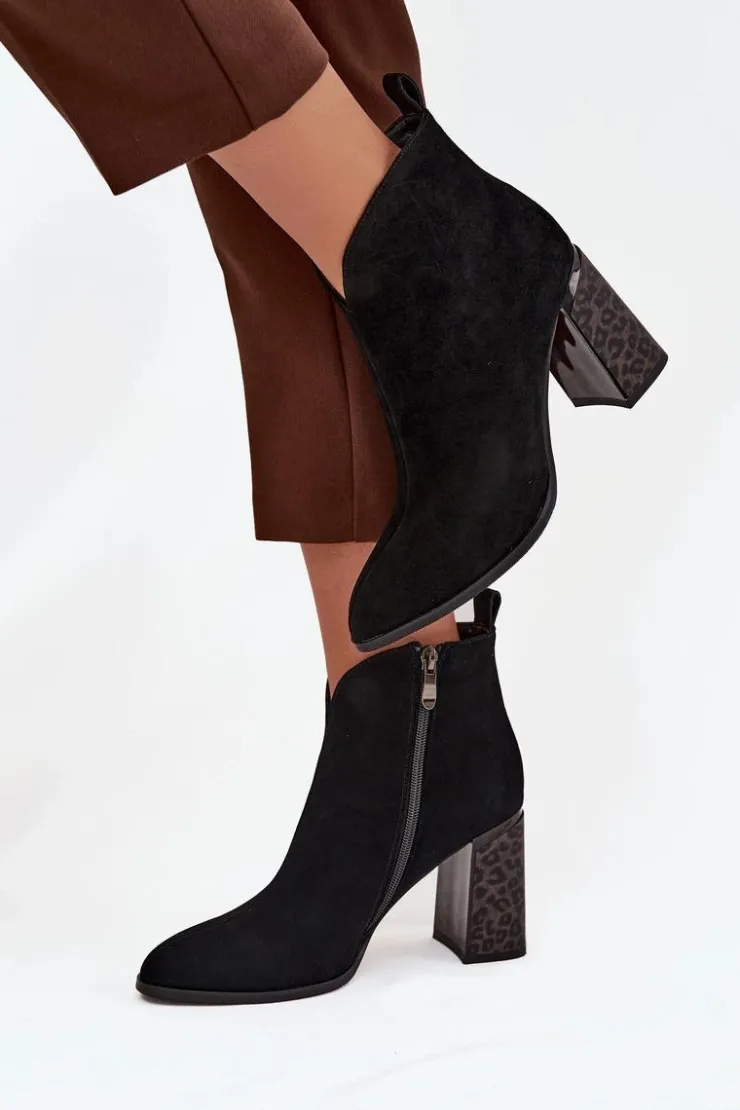 Boto Botki Ocieplane|Botki Na Słupku*Skórzane Zamszowe Botki Damskie Na Słupku Ocieplane Czarne Zivella Czarny