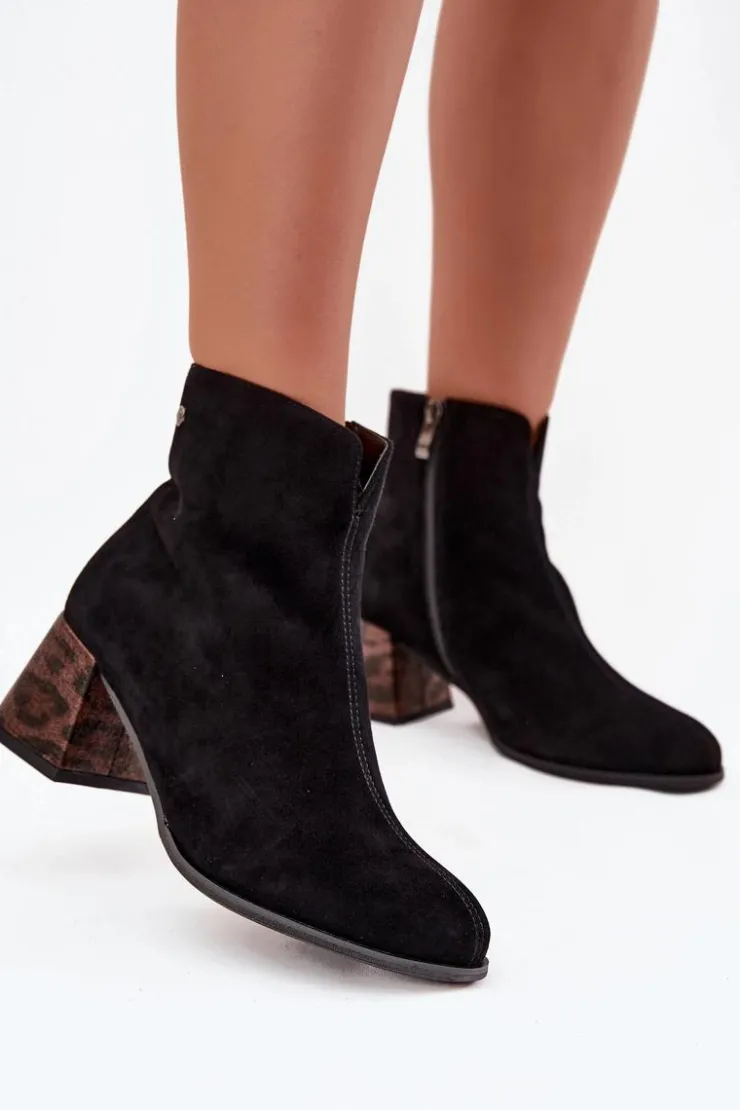 Damskie Maciejka Skórzane Zamszowe Botki Damskie Na Słupku K7202-01 Czarne