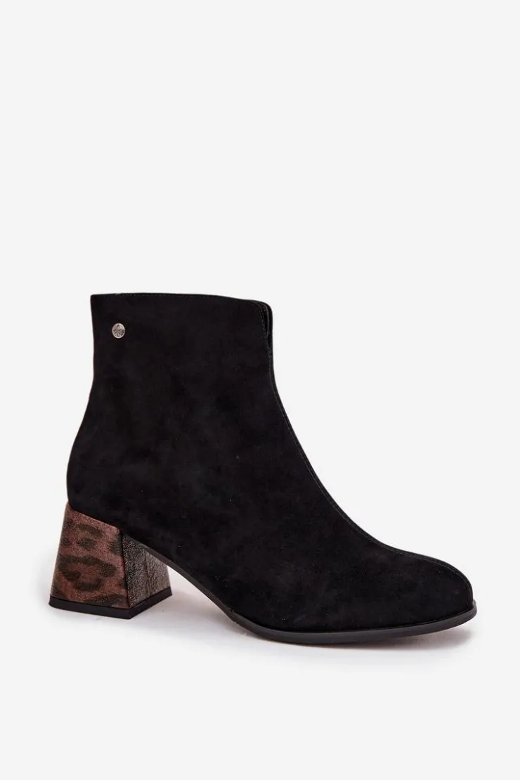 Damskie Maciejka Skórzane Zamszowe Botki Damskie Na Słupku K7202-01 Czarne