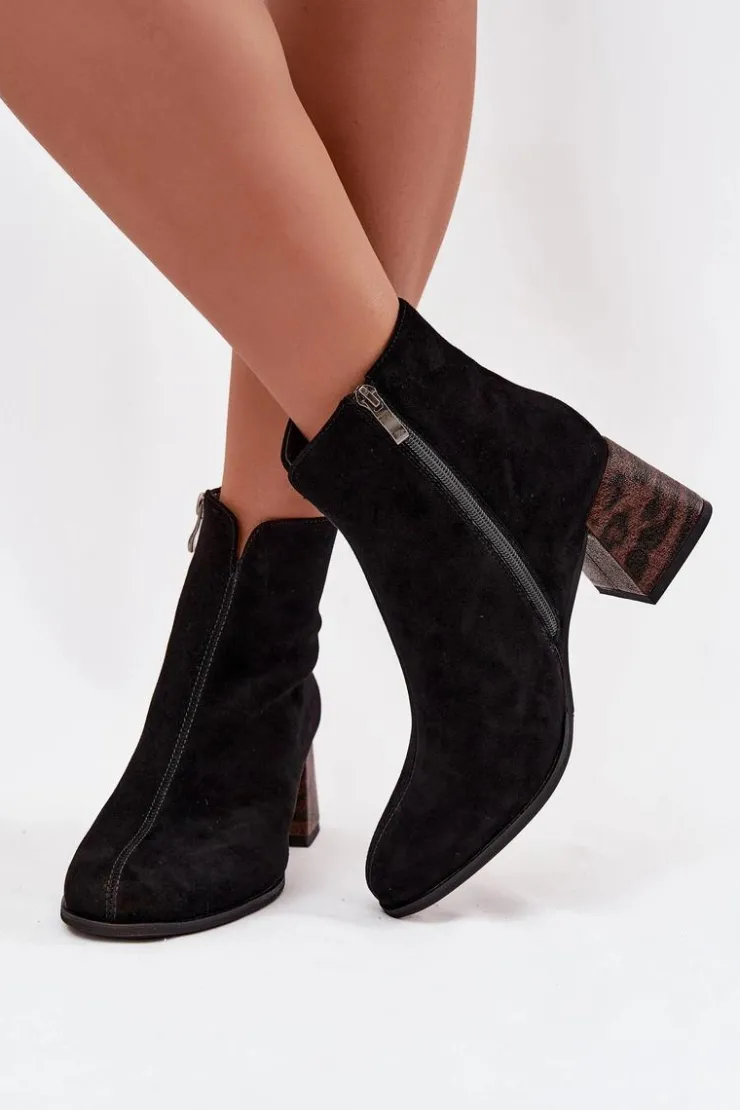 Damskie Maciejka Skórzane Zamszowe Botki Damskie Na Słupku K7202-01 Czarne