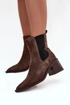 Artiker Botki Ocieplane|Botki Skórzane*Skórzane Zamszowe Botki Damskie Na Słupku Ocieplane 57C0047 Brązowe Brązowy