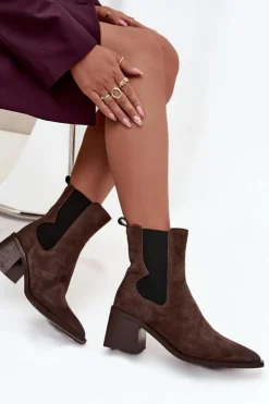 Artiker Botki Ocieplane|Botki Skórzane*Skórzane Zamszowe Botki Damskie Na Słupku Ocieplane 57C0047 Brązowe Brązowy