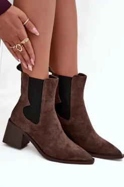 Artiker Botki Ocieplane|Botki Skórzane*Skórzane Zamszowe Botki Damskie Na Słupku Ocieplane 57C0047 Brązowe Brązowy