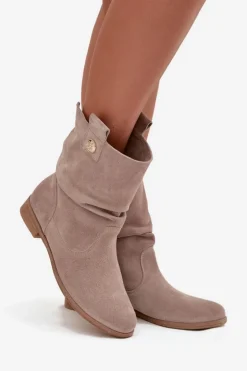 Sale Zazoo Skórzane Zamszowe Botki Damskie Z Marszczeniem Ocieplane 4210 Beżowe Beżowy