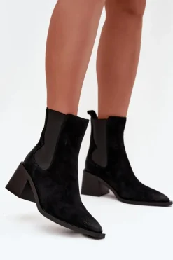 Damskie Artiker Skórzane Zamszowe Botki Damskie Na Słupku Ocieplane 57C0049 Czarne