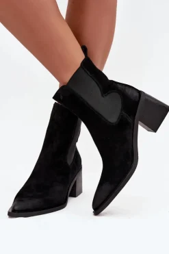 Damskie Artiker Skórzane Zamszowe Botki Damskie Na Słupku Ocieplane 57C0049 Czarne