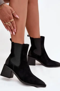 Damskie Artiker Skórzane Zamszowe Botki Damskie Na Słupku Ocieplane 57C0049 Czarne