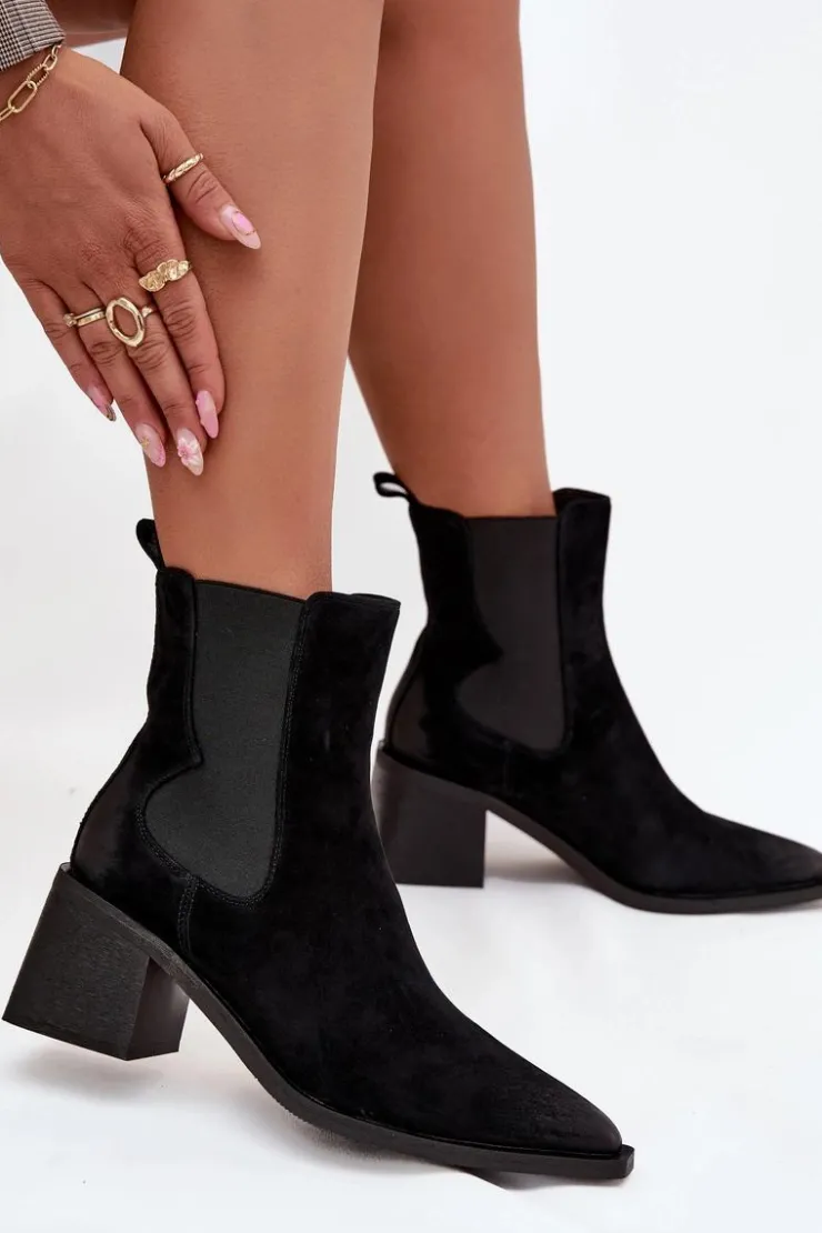 Damskie Artiker Skórzane Zamszowe Botki Damskie Na Słupku Ocieplane 57C0049 Czarne