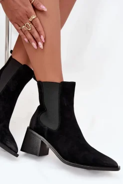 Damskie Artiker Skórzane Zamszowe Botki Damskie Na Słupku Ocieplane 57C0049 Czarne