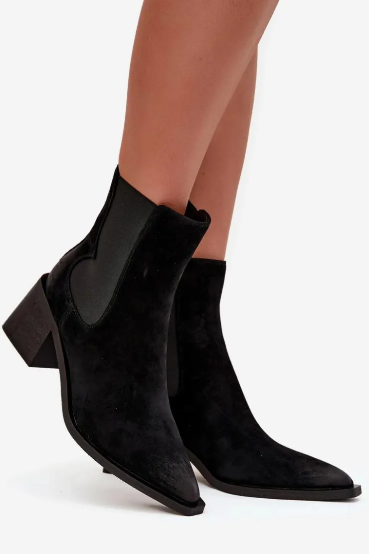 Damskie Artiker Skórzane Zamszowe Botki Damskie Na Słupku Ocieplane 57C0049 Czarne