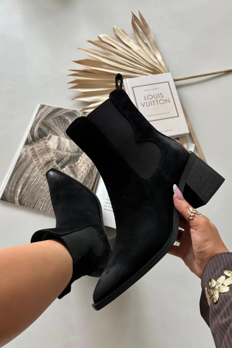 Damskie Artiker Skórzane Zamszowe Botki Damskie Na Słupku Ocieplane 57C0049 Czarne