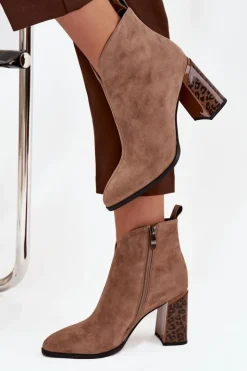 Damskie Boto Skórzane Zamszowe Botki Damskie Na Słupku Ocieplane Beżowe Zivella