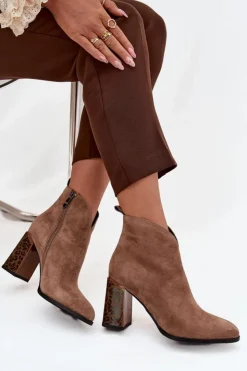 Damskie Boto Skórzane Zamszowe Botki Damskie Na Słupku Ocieplane Beżowe Zivella