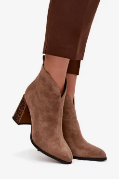 Damskie Boto Skórzane Zamszowe Botki Damskie Na Słupku Ocieplane Beżowe Zivella