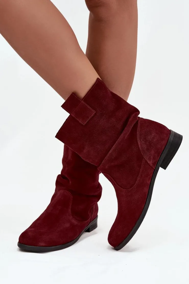 Damskie Zazoo Skórzane Zamszowe Botki Damskie Z Marszczeniem Ocieplane 4210 Bordowe