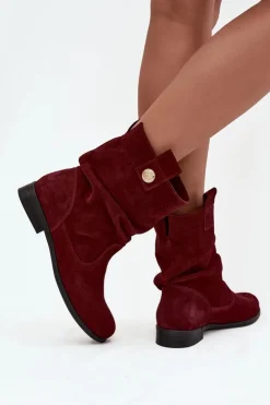 Damskie Zazoo Skórzane Zamszowe Botki Damskie Z Marszczeniem Ocieplane 4210 Bordowe